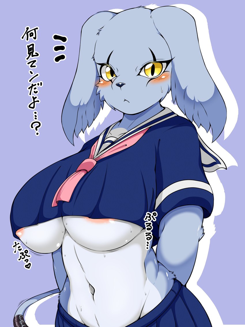 anthro areola big_breasts blush breasts clothed clothing female fur looking_at_viewer school_uniform simple_background solo under_boob uniform megane_inu bandai_namco digimon digimon_(species) gazimon mammal 3:4 absurd_res hi_res