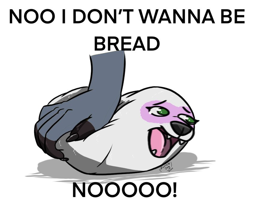 ambiguous_gender bread dialogue disembodied_hand duo food in_bread kneading simple_background solo_focus white_background zombiedog_(artist) i_don't_want_to_be_bread hamgie food_creature mammal procyonid raccoon meme