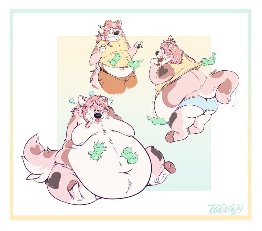 anthro belly_grab border clothing disembodied_hand eating ghost_hand hanging_belly male navel nervous obese overweight shirt solo topwear underwear weight_gain white_border curritoss pinit_(character) canid canine canis domestic_dog mammal hi_res