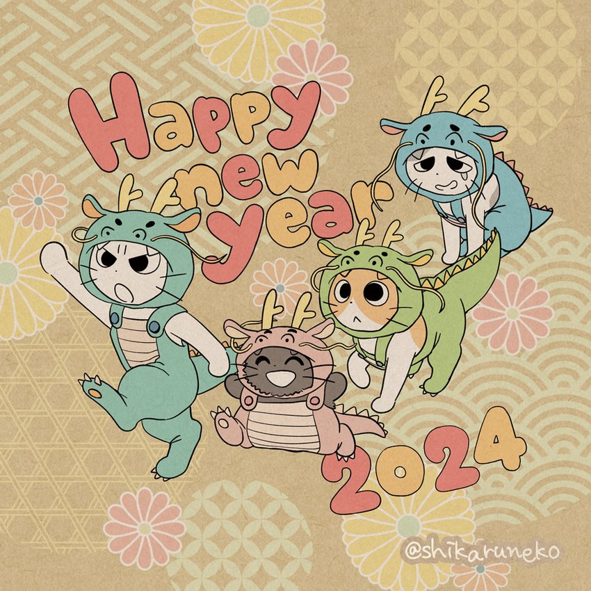 ambiguous_gender clothed clothed_feral clothing feral group holidays mojacookie chinese_zodiac new_year shikaruneko_(series) year_of_the_dragon amayakasuneko nagameruneko shikaruneko domestic_cat felid feline felis mammal 1:1 official_art