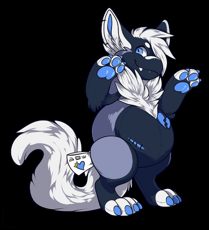 3_fingers 4_toes ambiguous_gender anthro biped black_body blue_claws blue_eyes blue_pawpads chest_tuft claws digitigrade ear_piercing fangs feet fingers fluffy fluffy_tail grey_body hair head_tuft inner_ear_fluff multicolored_body pawpads piercing plushie plushie_tag solo stitch_(sewing) tail teeth three-quarter_view toes tuft two_tone_body white_hair muzz eddie_(dessy) animate_inanimate hybrid living_plushie alpha_channel digital_drawing_(artwork) digital_media_(artwork) full-length_portrait hi_res portrait shaded simple_shading