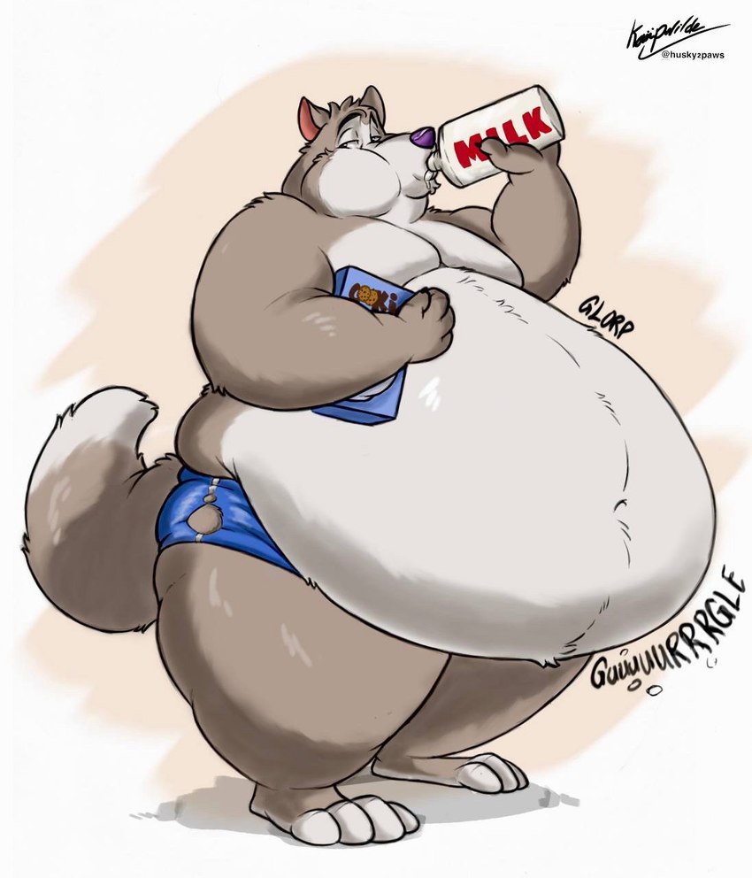 anthro belly big_belly bottle bottomwear box claws clothed clothing container cookie_box fur half-closed_eyes holding_box holding_container holding_milk_bottle holding_object looking_back male milk milk_bottle morbidly_obese morbidly_obese_anthro morbidly_obese_male narrowed_eyes navel obese obese_anthro obese_male overweight overweight_anthro overweight_male puffed_cheeks rumbling_stomach solo sound_effects standing tail text torn_bottomwear torn_clothing torn_underwear underwear underwear_only husky2paws cookie_crisp chip_the_wolf canid canine canis mammal wolf 2024 hi_res signature