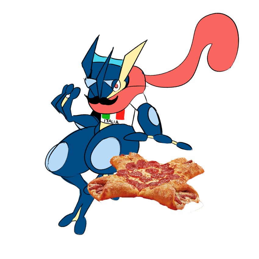 ambiguous_gender anthro calzone clothed clothing facial_hair food gesture humor italian_flag looking_at_viewer mustache ninja pizza real shirt simple_background solo throwing topwear warrior weapon white_background thegreyzen little_caesars nintendo pokemon generation_6_pokemon greninja pokemon_(species) 2021 hi_res