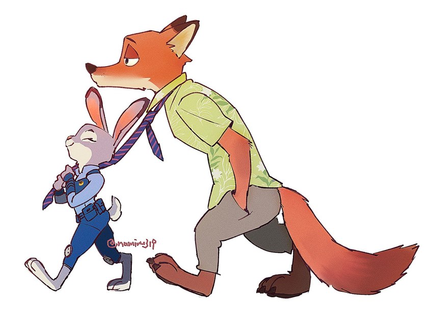 barefoot bottomwear clothing clothing_pull duo feet female fur grey_body grey_fur male necktie necktie_pull orange_body orange_fur pants shirt simple_background topwear walking white_background namiru319 disney zootopia judy_hopps nick_wilde canid canine fox lagomorph leporid mammal rabbit red_fox true_fox hi_res signature