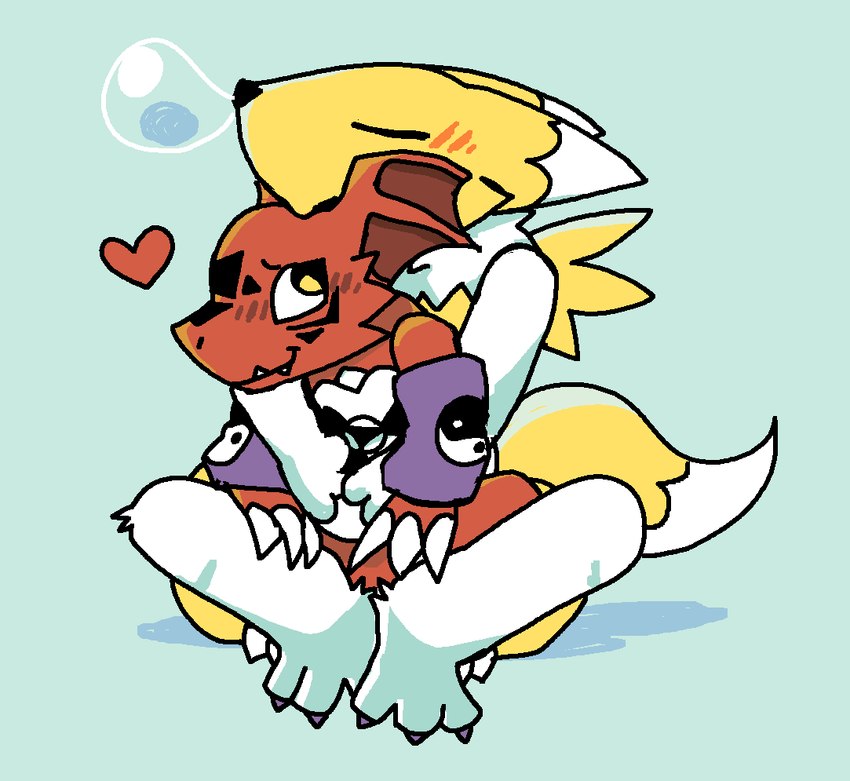 ambiguous/ambiguous ambiguous_gender anthro blue_background blush bodily_fluids bubble duo heart_symbol hug hugging_another hugging_from_behind red_body romantic romantic_couple simple_background snot snot_bubble tail teeth yellow_body yin_yang pawplants bandai_namco digimon canid digimon_(species) guilmon mammal renamon 2025 digital_media_(artwork)