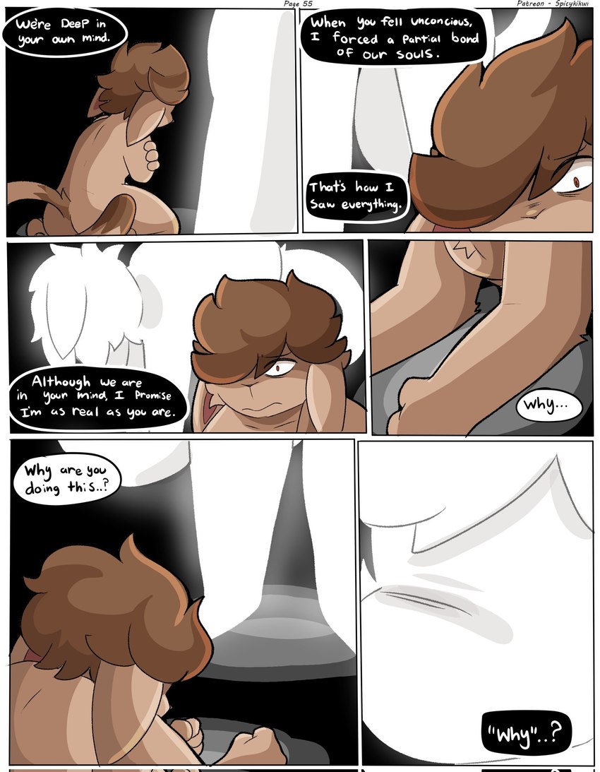 anthro brown_body brown_fur dialogue duo fur holding_self kneeling male nude scared shaking talking_to_another text spicykiwi alex_(spicykiwi) felid feline mammal comic hi_res