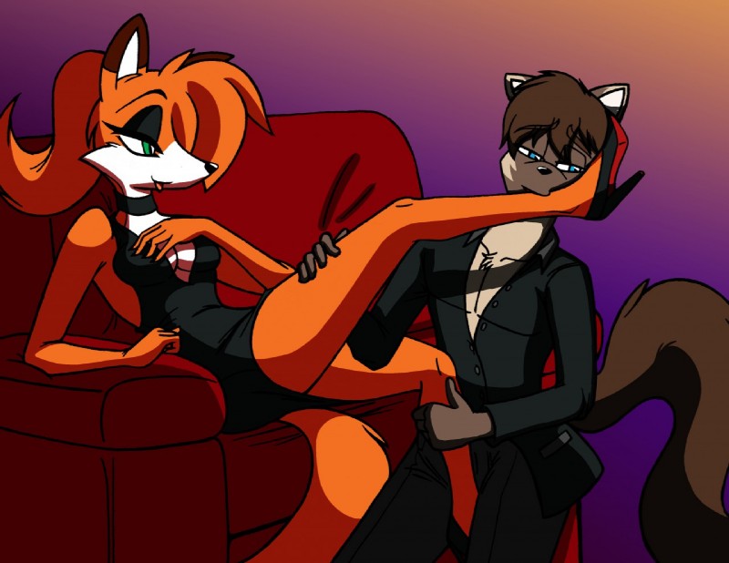 anthro clothing collar dress duo female footwear furniture grabbing high_heels kissing male shoes simple_background sofa worship whitephoenix52 adrian_(character) rebecca_cyrus canid canine fox mammal