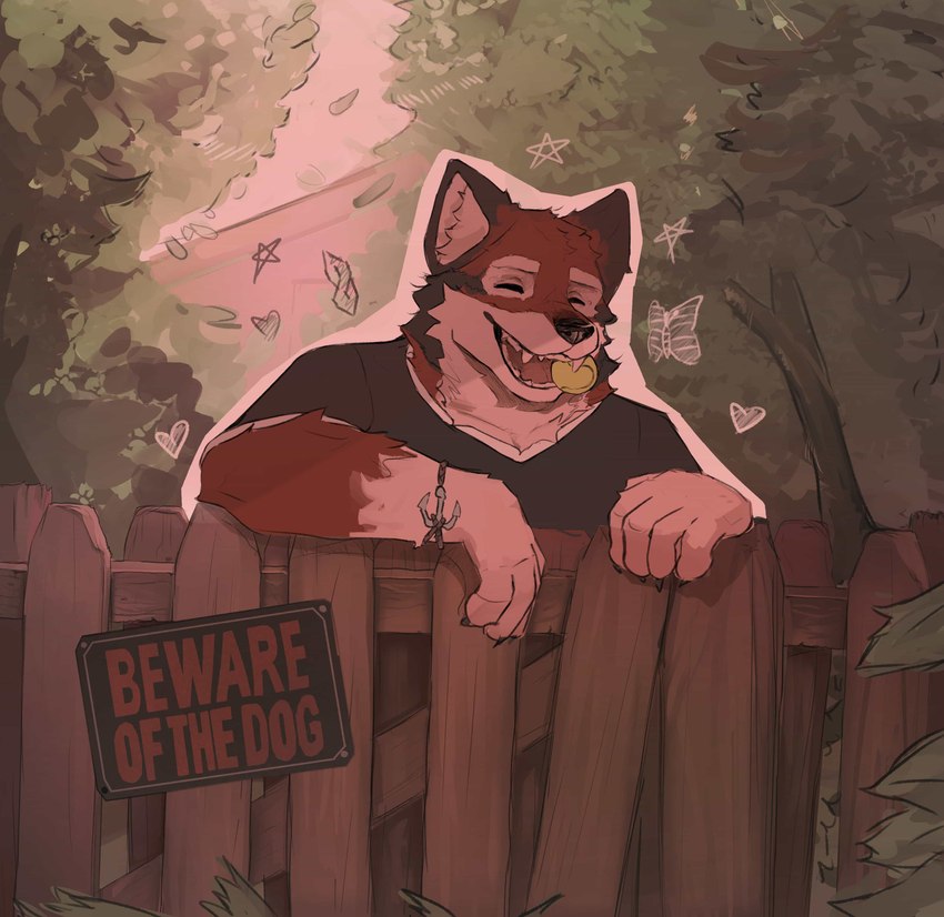 anthro ball_in_mouth black_clothing black_shirt black_topwear clothing eyes_closed fence forest front_view male plant red_body shirt solo t-shirt topwear tree ryderol echo_(game) echo_(series) echo_project leo_alvarez canid canine canis mammal wolf absurd_res hi_res