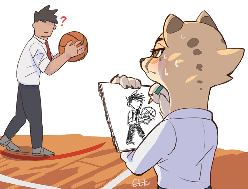 anthro ball basketball_(ball) bodily_fluids clothed clothing drawing duo female fully_clothed fur male pencil_(object) school_uniform sweat tan_body tan_fur uniform writing_utensil el-k akino_(el-k) kouda_(el-k) cheetah felid feline human mammal 2022 hi_res