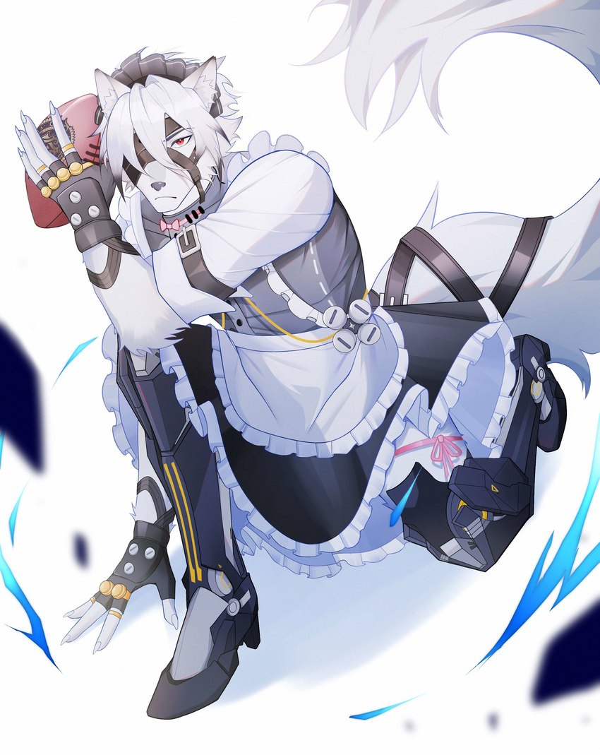 anthro belt clothed clothing crossdressing fingerless_gloves fur gloves hair handwear maid_uniform male mechanical_leg red_eyes solo tail uniform white_body white_fur white_hair white_tail yuyuanpoel mihoyo zenless_zone_zero von_lycaon canid canine canis mammal wolf 2023 absurd_res hi_res