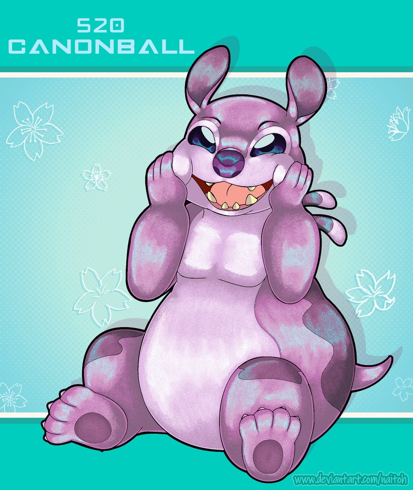 4_toes ambiguous_gender back_markings back_spines blue_eyes claws face_squish featureless_chest featureless_crotch feet fingers flower hand_on_face happy leg_markings markings no_sclera open_mouth open_smile overweight pawpads plant purple_body purple_nose purple_pawpads semi-anthro short_tail simple_background sitting smile solo squish tail teal_background text toe_claws toes naitoh disney lilo_and_stitch cannonball_(lilo_and_stitch) alien experiment_(lilo_and_stitch) 2023 character_name digital_drawing_(artwork) digital_media_(artwork) english_text hi_res url male_(lore)