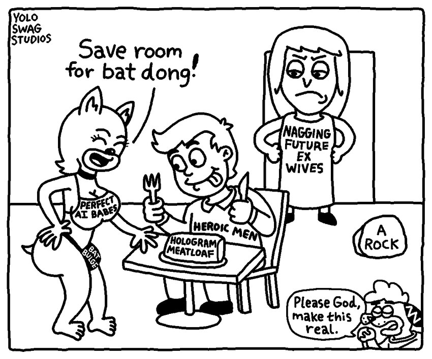 anthro apron big_breasts big_bulge big_butt border breasts bulge butt clothed clothing eyelashes female fingers group gynomorph hair humor intersex male midriff political_cartoon politics speech_bubble text thong trio underwear white_border yoloswagstudios sega sonic_the_hedgehog_(series) rouge_the_bat bat canid canine canis domestic_dog human humanoid mammal 6:5 black_and_white english_text monochrome