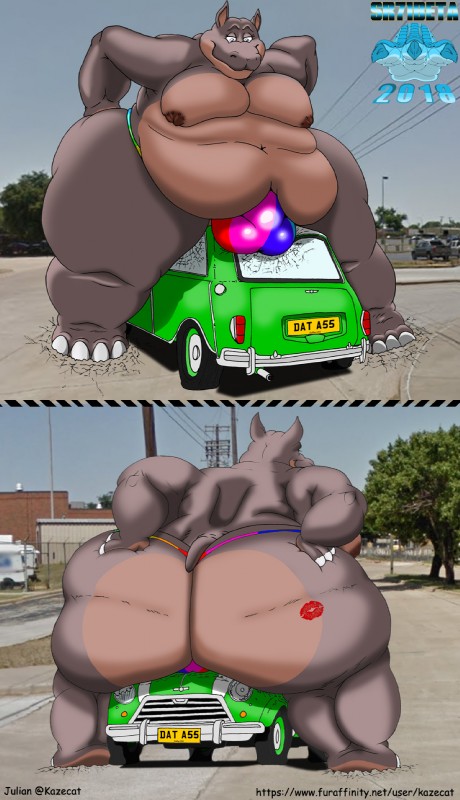 anthro belly big_belly biped brown_body brown_skin bulge butt car clothing heavy lips male moobs navel overweight rainbow sitting tail teasing text thong underwear vehicle kazecat sr71beta mini_(car) julian_(kazecat) common_hippopotamus hippopotamid mammal hi_res url