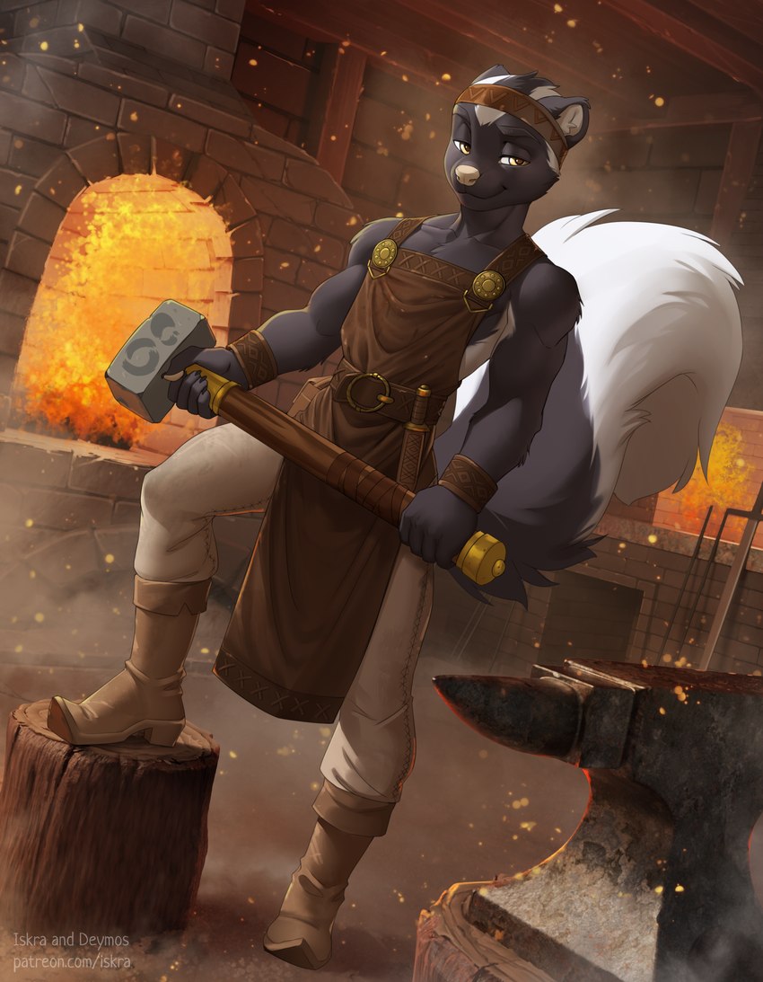 5_fingers accessory anthro anvil apron belt big_tail black_body black_fur blacksmith boots brown_eyes clothed clothed_anthro clothed_male clothing detailed_background dutch_angle embers eyebrows fingers fire fluffy fluffy_tail footwear forge_(hearth) fur gilded hammer headband holding_object knife leather looking_at_viewer male multicolored_body multicolored_fur pose rock shoes smile smithy smoke solo symbol tail tools tree_stump two_tone_body two_tone_fur white_body white_fur deymos iskra lemmy_(lemmy_niscuit) mammal mephitid skunk spotted_skunk 2022 absurd_res artist_collaboration digital_media_(artwork) full-length_portrait hi_res portrait shaded