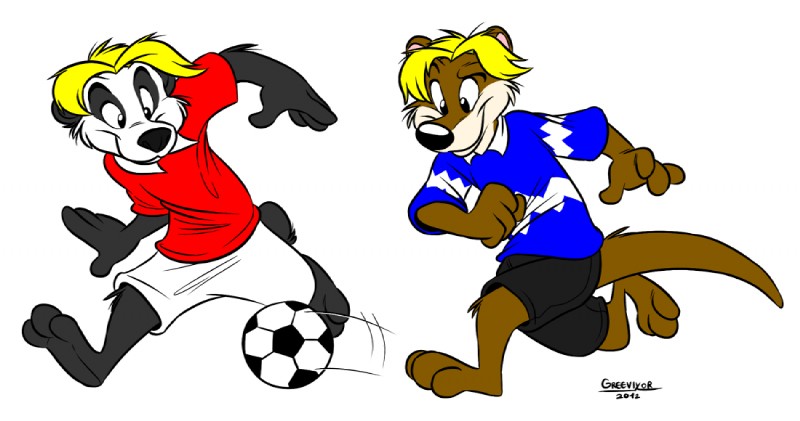 3_toes anthro ball barefoot blonde_hair clothed clothing duo feet fully_clothed hair male soccer soccer_ball sport tail toes greevixor bear giant_panda mammal mustelid otter 2012