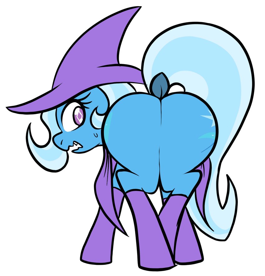 big_butt blue_body bodily_fluids butt butt_focus cape clothing cutie_mark dock_(anatomy) featureless_butt featureless_crotch female feral footwear hat headgear headwear horn legwear looking_at_viewer looking_back looking_back_at_viewer open_mouth purple_cape purple_clothing purple_footwear purple_hat purple_headwear purple_legwear purple_socks purple_stockings quadruped simple_background socks solo stockings sweat sweatdrop tail white_background worried shinkaku friendship_is_magic hasbro my_little_pony mythology trixie_(mlp) equid equine mammal mythological_creature mythological_equine unicorn 2024 digital_drawing_(artwork) digital_media_(artwork) flat_colors hi_res