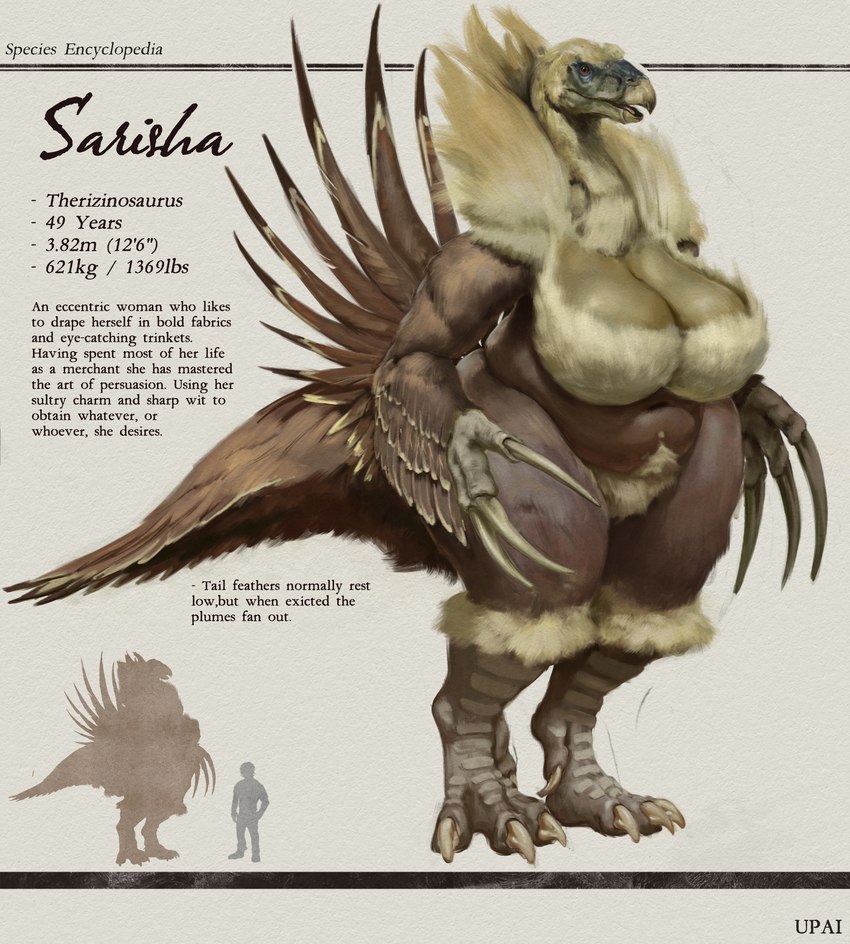 anthro beak big_breasts breasts chart claws crotch_tuft feathers female height_chart huge_breasts macro mature_female navel non-mammal_breasts non-mammal_navel nude overweight overweight_anthro overweight_female scales solo stated_age stated_height text thick_thighs tuft wide_hips upai sarisha_(upai) dinosaur prehistoric_species reptile scalie therizinosaurid therizinosaurus theropod absurd_res english_text hi_res model_sheet