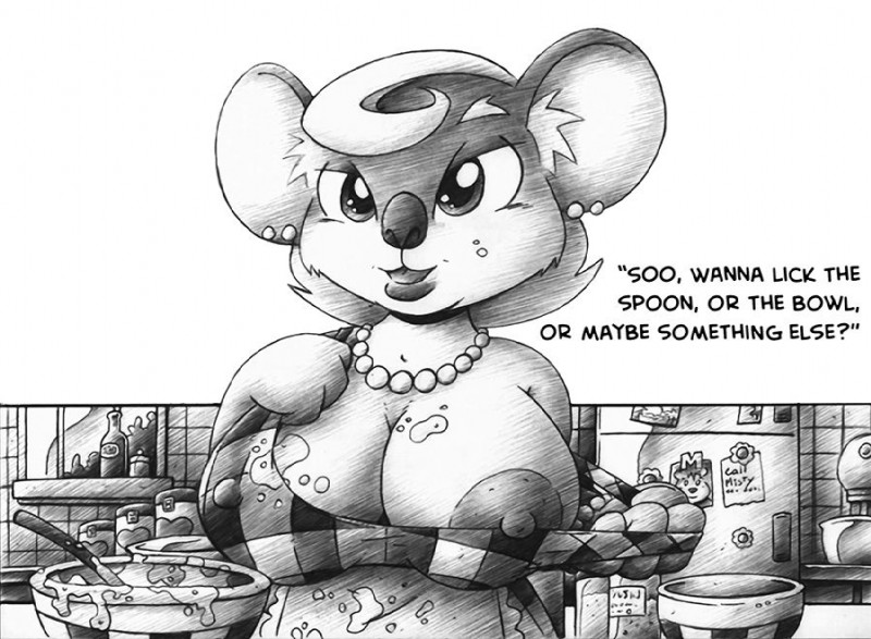 anthro appliance apron areola breasts bulge clothed clothing dress ear_piercing female food fridge gem jewelry kitchen kitchen_appliance mature_anthro mature_female necklace nipples off_shoulder one_breast_out pearl_(gem) pearl_necklace piercing seductive text drake_fenwick koala mammal marsupial vombatiform english_text monochrome