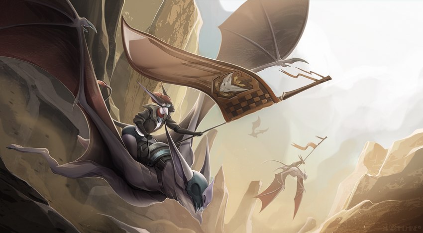 ambiguous_gender anthro banner bat_wings bottomwear clothing cyberpunk desert eyewear fantasy goggles group hotpants jacket landscape lore membrane_(anatomy) membranous_wings mount nature nature_background riding saddle science_fiction shorts topwear wings worldbuilding mindmachine acrador_project acrador bat canid canine canis jackal mammal 2024