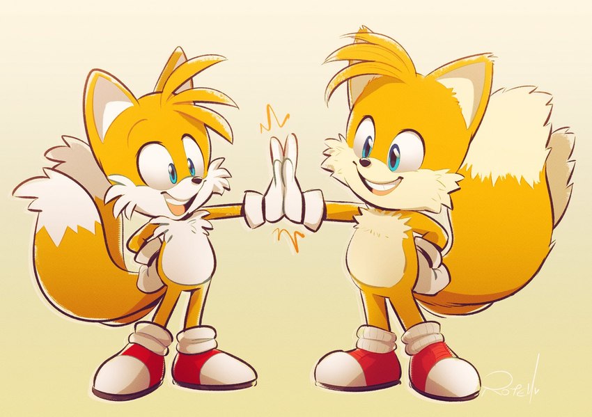 anthro blue_eyes clothing dipstick_tail duo eye_contact footwear fur gloves handwear looking_at_another male markings open_mouth open_smile shoes simple_background smile square_crossover tail tail_markings white_body white_fur yellow_body yellow_fur vaporotem sega sonic_the_hedgehog_(series) sonic_the_hedgehog_2_(film) miles_prower canid canine fox mammal 2022