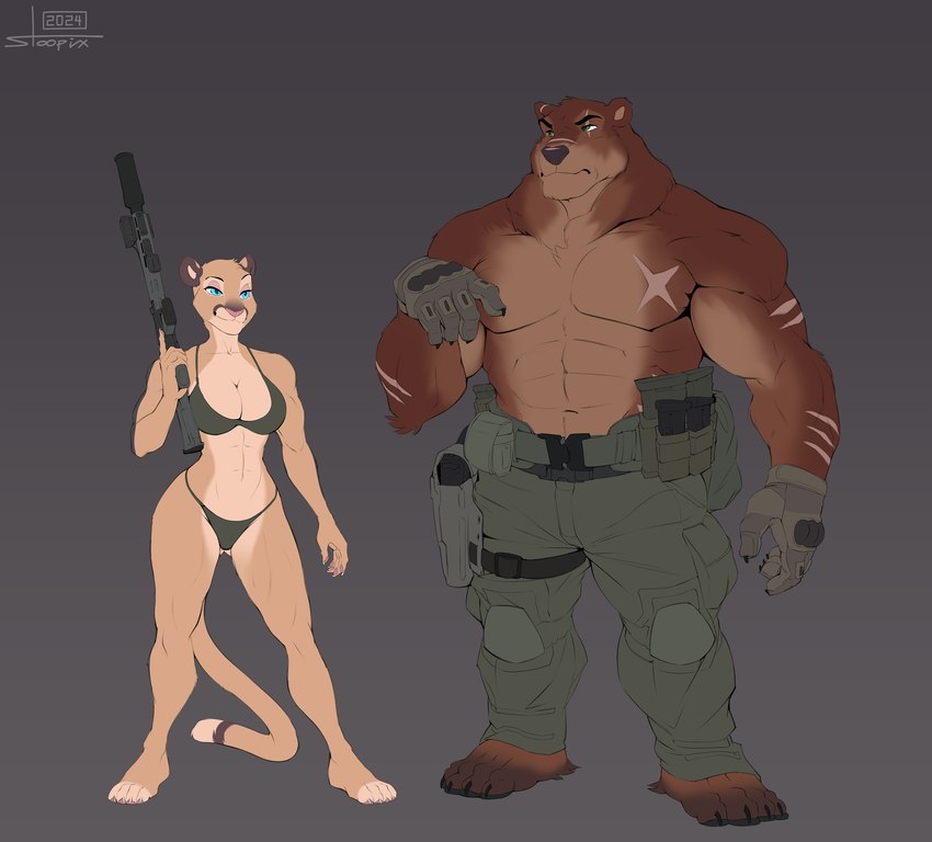 abs anthro athletic athletic_female big_breasts bikini blue_eyes breasts cleavage clothed clothing duo female green_eyes gun holster male male/female muscular muscular_male police ranged_weapon scar scars_all_over size_difference special_forces swimwear tactical_gear two-piece_swimsuit weapon stoopix swat gus_(grizzlygus) valerie_(grizzlygus) bear brown_bear cougar felid feline grizzly_bear kodiak_bear mammal ursine 2024 hi_res