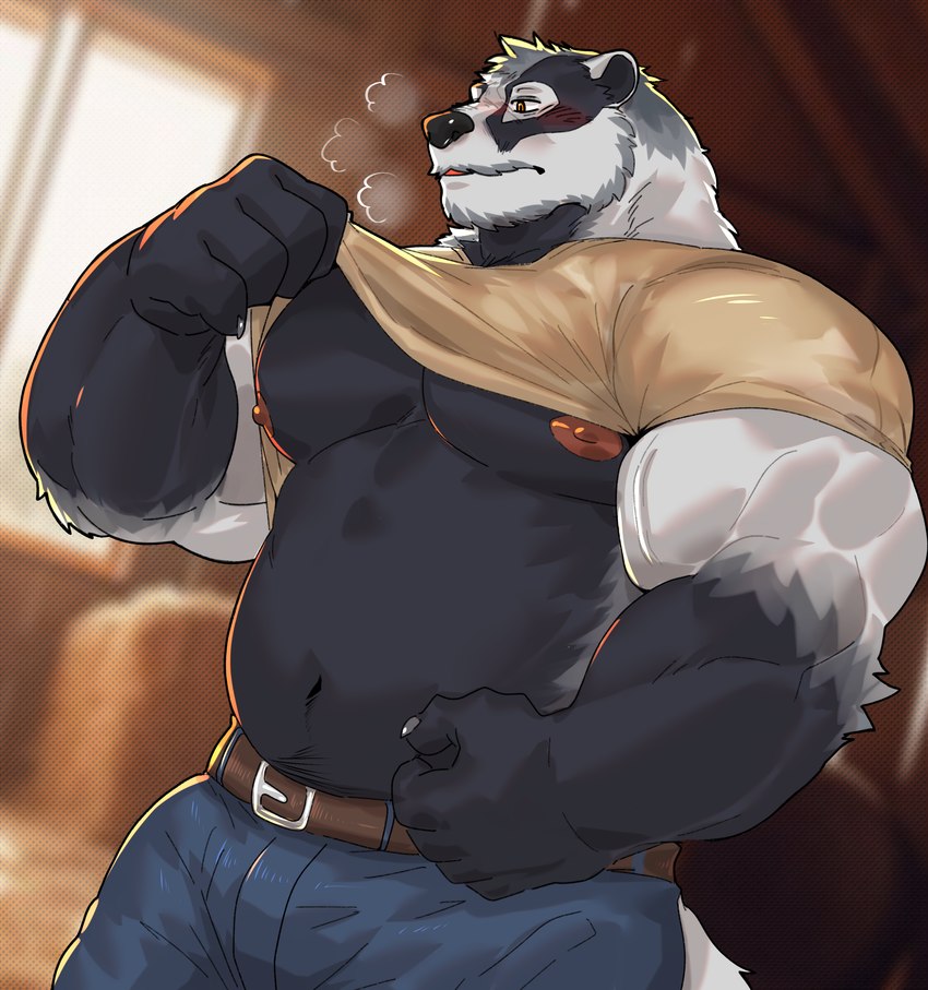 anthro male musclegut muscular muscular_anthro muscular_male nipples solo vein veiny_muscles istani echo_(series) echo_project the_smoke_room nikolai_krol badger mammal mustelid musteline absurd_res hi_res