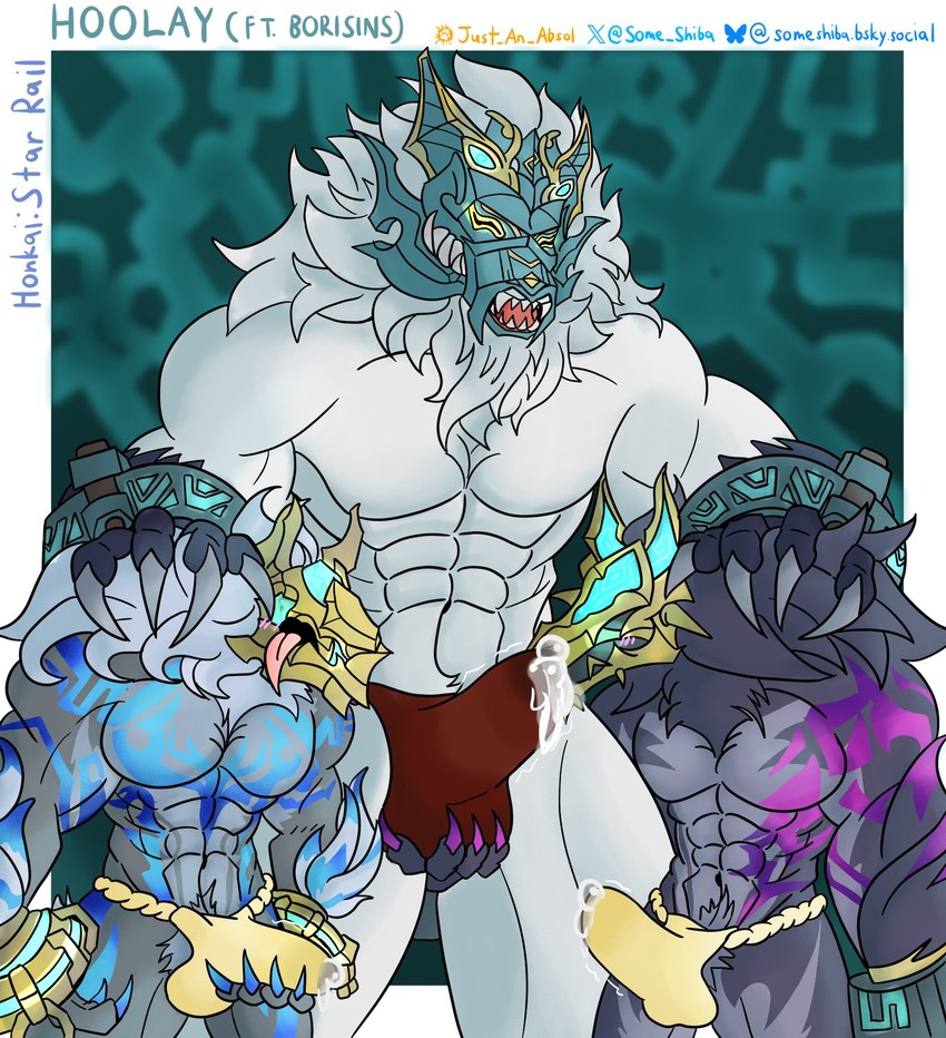 abs anthro armor aroused asian_clothing ball_grab balls balls_outline blue_markings blush bodily_fluids bulge clothed clothing cuff_(restraint) cum cum_in_clothing cum_in_underwear cum_through_clothing cum_through_fundoshi cum_through_underwear detailed_bulge east_asian_clothing erection erection_under_underwear fundoshi fundoshi_only fur genital_fluids genital_outline genitals grabbing_own_penis grey_body grey_fur group japanese_clothing male markings muscular muscular_anthro muscular_male penis_outline pubes purple_body purple_fur purple_markings red_clothing red_fundoshi red_underwear restraints size_difference tenting tongue tongue_out topless trio underwear underwear_only wet wet_clothing wet_underwear white_body white_fur wrist_cuffs yellow_clothing yellow_fundoshi yellow_underwear some_shiba honkai:_star_rail mihoyo eclipse_wolftrooper_(honkai:_star_rail) hoolay_(honkai:_star_rail) sableclaw_wolftrooper_(honkai:_star_rail) borisin canid canine canis mammal wolf hi_res