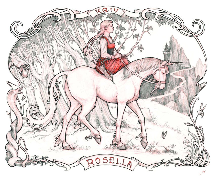 blonde_hair bow_(weapon) braided_hair clothing dress female forest fur hair horn mane mountain plant ranged_weapon reins riding_horse riding_on_back tree weapon white_body white_fur white_mane ranmacmh king's_quest mythology princess_rosella equid equine horse human mammal mythological_creature mythological_equine unicorn 2014