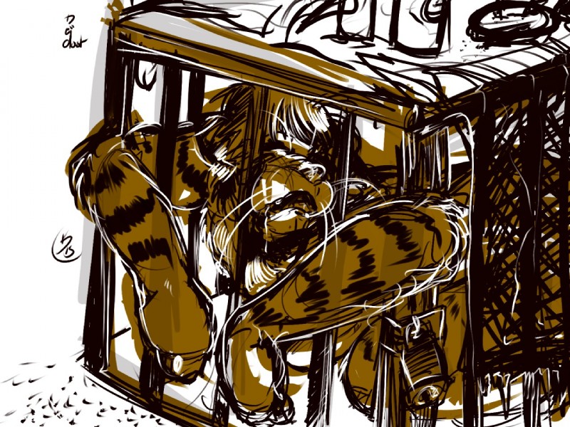 anthro bdsm cage male petplay prisoner roleplay solo dlost bit555 dlostarts bitty felid mammal pantherine tiger 2015 4:3 brown_theme digital_media_(artwork) restricted_palette sketch