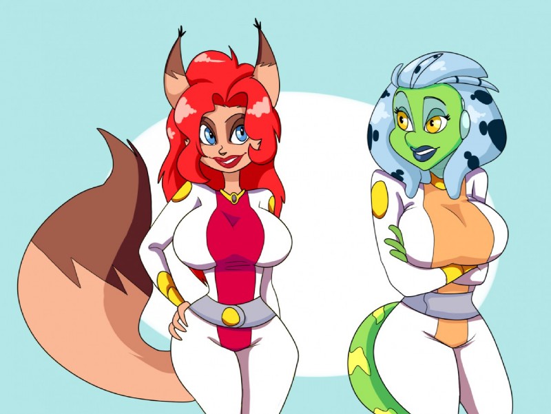 big_breasts blue_hair breasts duo female hair lipstick makeup red_hair romantic romantic_couple science_fiction simple_background smile avalugg_(artist) quest_for_fun space_furry_(copyright) vixine_comics alma_(vixinecomics) zandria humanoid