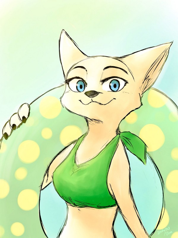 anthro black_nose blue_eyes claws clothed clothing female fur holding_object inflatable inner_tube looking_at_viewer simple_background smile solo swimwear topwear white_body white_fur marema_kishin disney zootopia skye_(zootopia) arctic_fox canid canine fox mammal true_fox 2018 3:4 digital_media_(artwork) hi_res