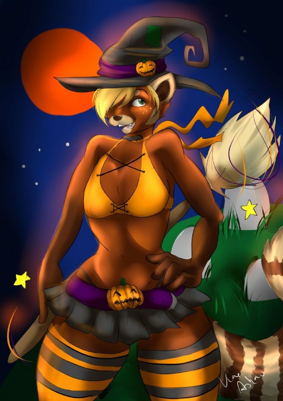 broom cleaning_tool clothed clothing costume crossdressing femboy hat headgear headwear holidays magic_user male solo witch kaeaskavi suka halloween ailurid mammal red_panda hi_res