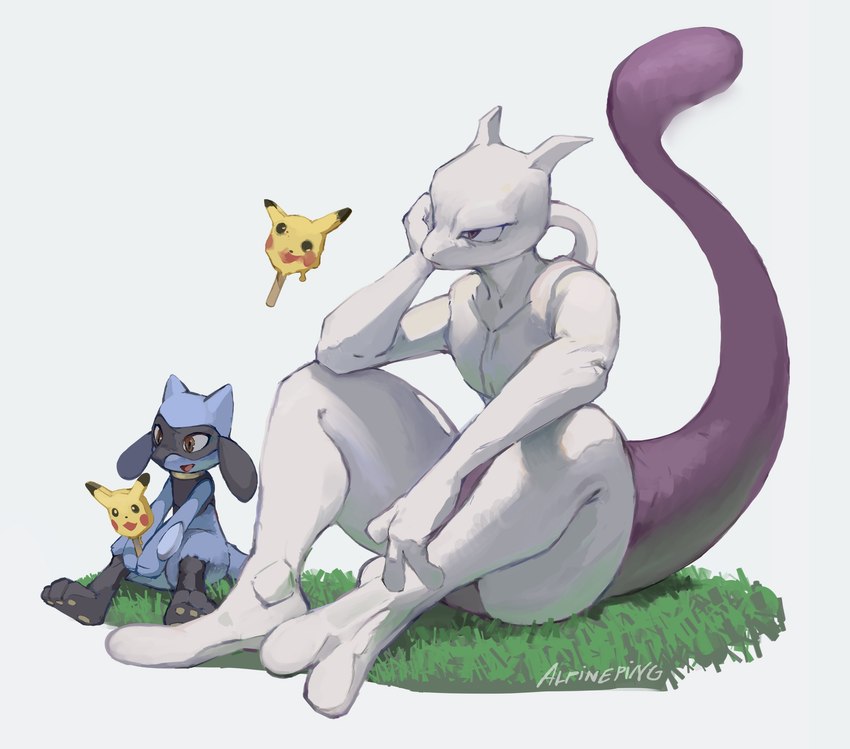 ambiguous_gender blue_body blue_fur dessert duo food fur ice_cream purple_eyes red_eyes simple_background size_difference white_body alpineping nintendo pokemon canid canine felid feline generation_1_pokemon generation_4_pokemon legendary_pokemon mammal mewtwo pokemon_(species) riolu absurd_res hi_res