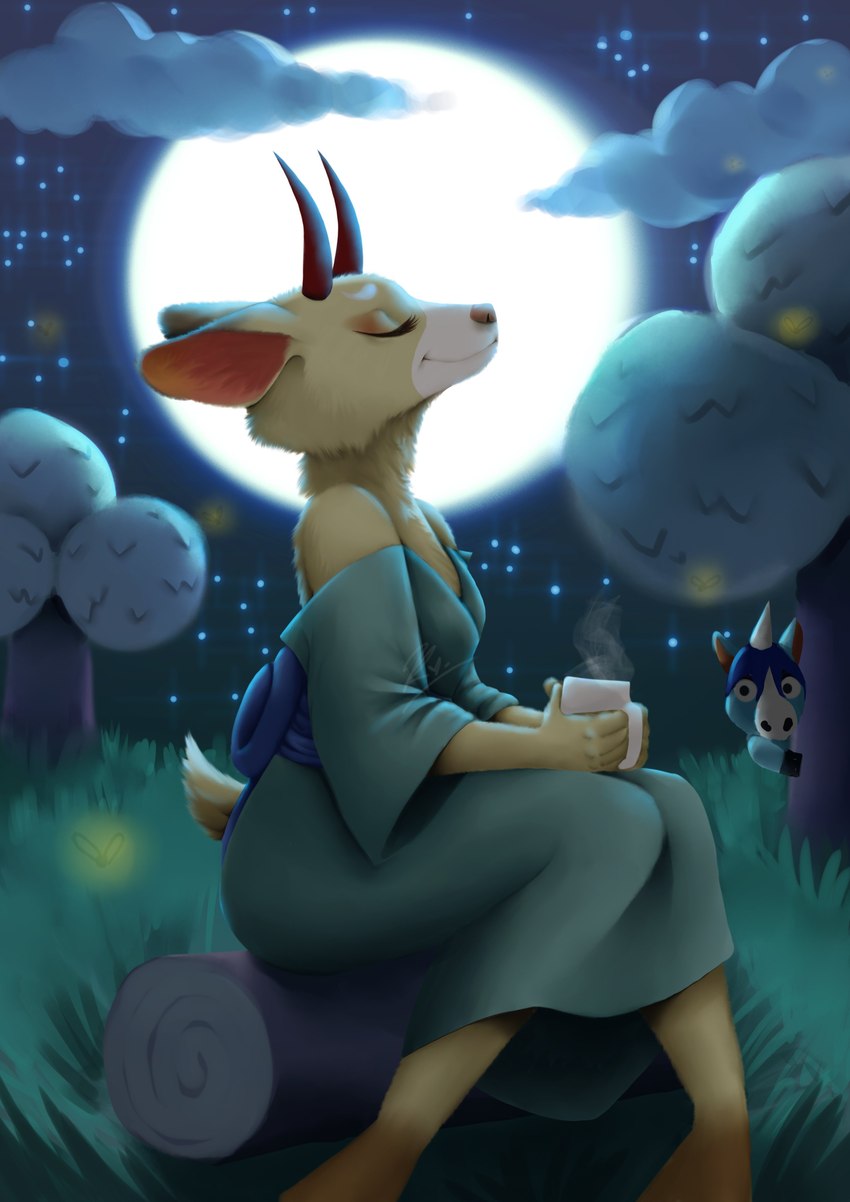 anthro asian_clothing blue_body blue_fur blue_hair breasts clothing cloud container cup duo east_asian_clothing eyelashes eyes_closed female full_moon fur grass hair holding_container holding_cup holding_object hooves horn japanese_clothing kimono male moon night outside peaking plant scut_tail short_tail sitting star tail tree unicorn_horn yellow_body yellow_fur stockinger animal_crossing mythology nintendo julian_(animal_crossing) shino_(animal_crossing) deer equid equine mammal mythological_creature mythological_equine unicorn 2021 absurd_res digital_media_(artwork) hi_res signature