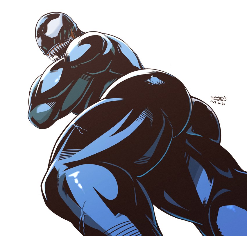 butt empty_eyes looking_back male muscular not_furry open_mouth rear_view sharp_teeth simple_background smile solo teeth orange-lin orange_lin marvel venom_(marvel) alien alien_humanoid humanoid symbiote digital_media_(artwork) hi_res