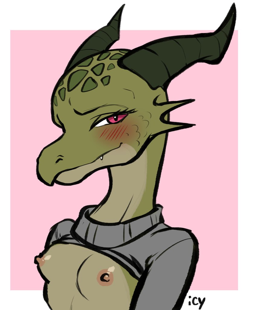 anthro blush blush_lines breasts clothed clothing female green_body green_scales horn nipples raised_clothing raised_shirt raised_sweater raised_topwear scales shirt small_breasts solo sweater topwear iseenudepeople mythology leste_(jaune_fletcher) dragon kobold mythological_creature mythological_scalie scalie 2023 absurd_res hi_res