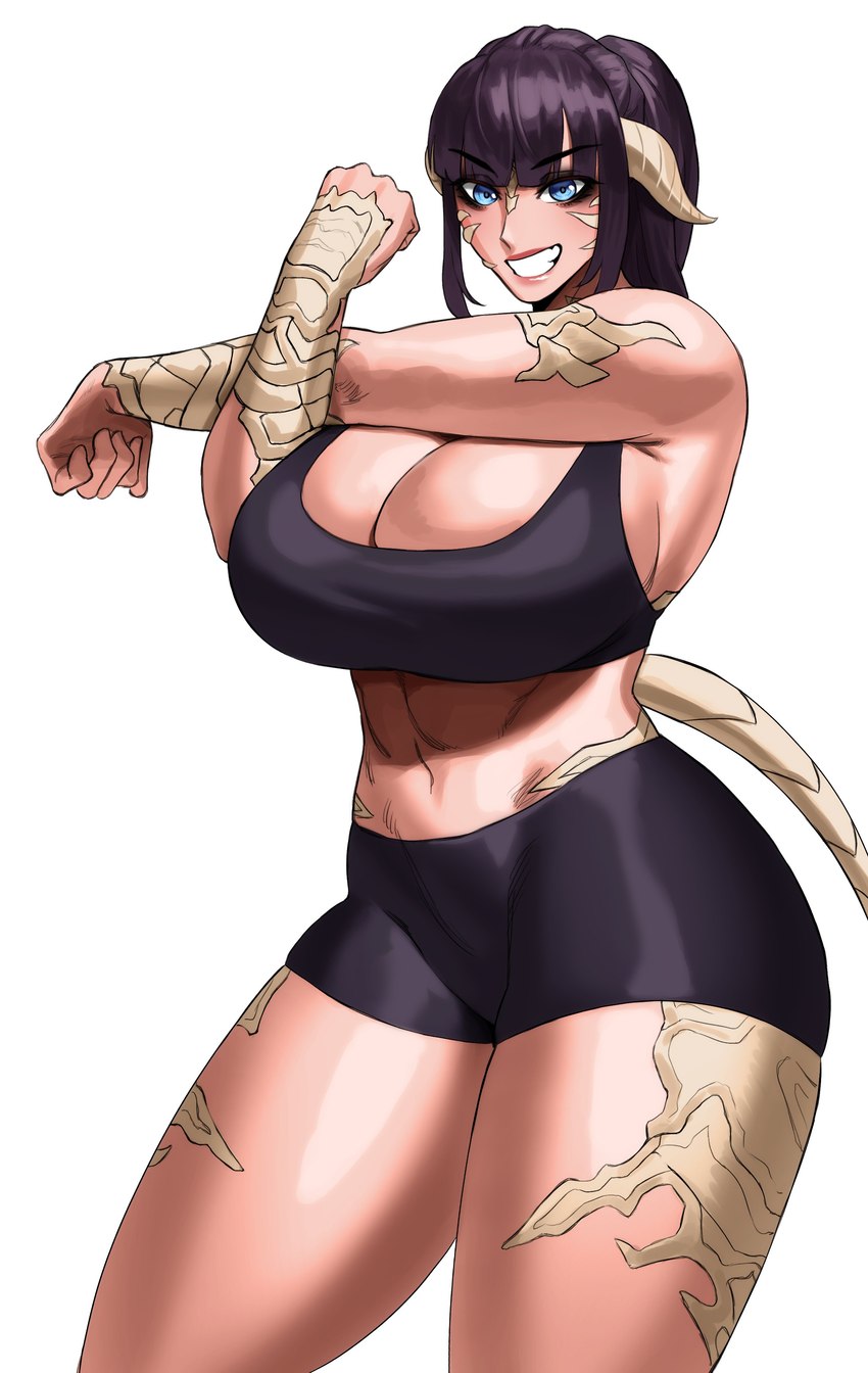athletic athletic_female bangs big_breasts black_hair blue_eyes bottomwear bra breasts cleavage clothed clothing eyebrow_through_hair eyebrows female grin hair horn hotpants huge_breasts midriff navel scales shorts smile solo sports_bra teeth translucent translucent_hair underwear sotcho final_fantasy final_fantasy_xiv square_enix animal_humanoid au_ra humanoid scalie scalie_humanoid 2024 absurd_res hi_res