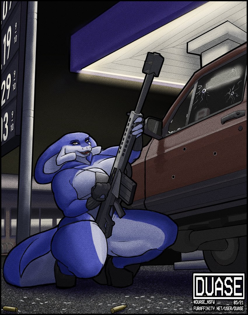 anthro anti-materiel_rifle barrett_m82 big_breasts bikini blue_body breasts building bullet_hole car cephalic_fin clothing cracked_window crouching curvy_figure fangs female fingerless_gloves footwear gas_station gloves gun handwear high_heels holding_gun holding_object holding_ranged_weapon holding_rifle holding_weapon huge_breasts lips looking_at_viewer multicolored_body night non-mammal_breasts open_mouth platform_footwear platform_heels ranged_weapon rifle shoes solo swimwear teeth thick_thighs two-piece_swimsuit two_tone_body urban vehicle voluptuous weapon white_body duase cobray_(duase) cobra reptile scalie snake 2021 absurd_res colored digital_media_(artwork) hi_res