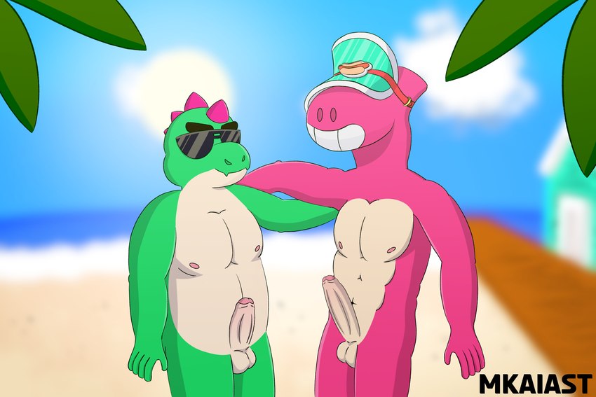 anthro balls blurred_background duo eyewear foreskin genitals green_body green_skin humanoid_genitalia humanoid_penis male male/male muscular nipples non-mammal_balls non-mammal_nipples palm_tree penis pink_body pink_skin plant sunglasses toony tree visor water mkaiast brawl_stars supercell_(company) buzz_(brawl_stars) doug_(brawl_stars) dinosaur prehistoric_species reptile scalie 3:2 absurd_res hi_res