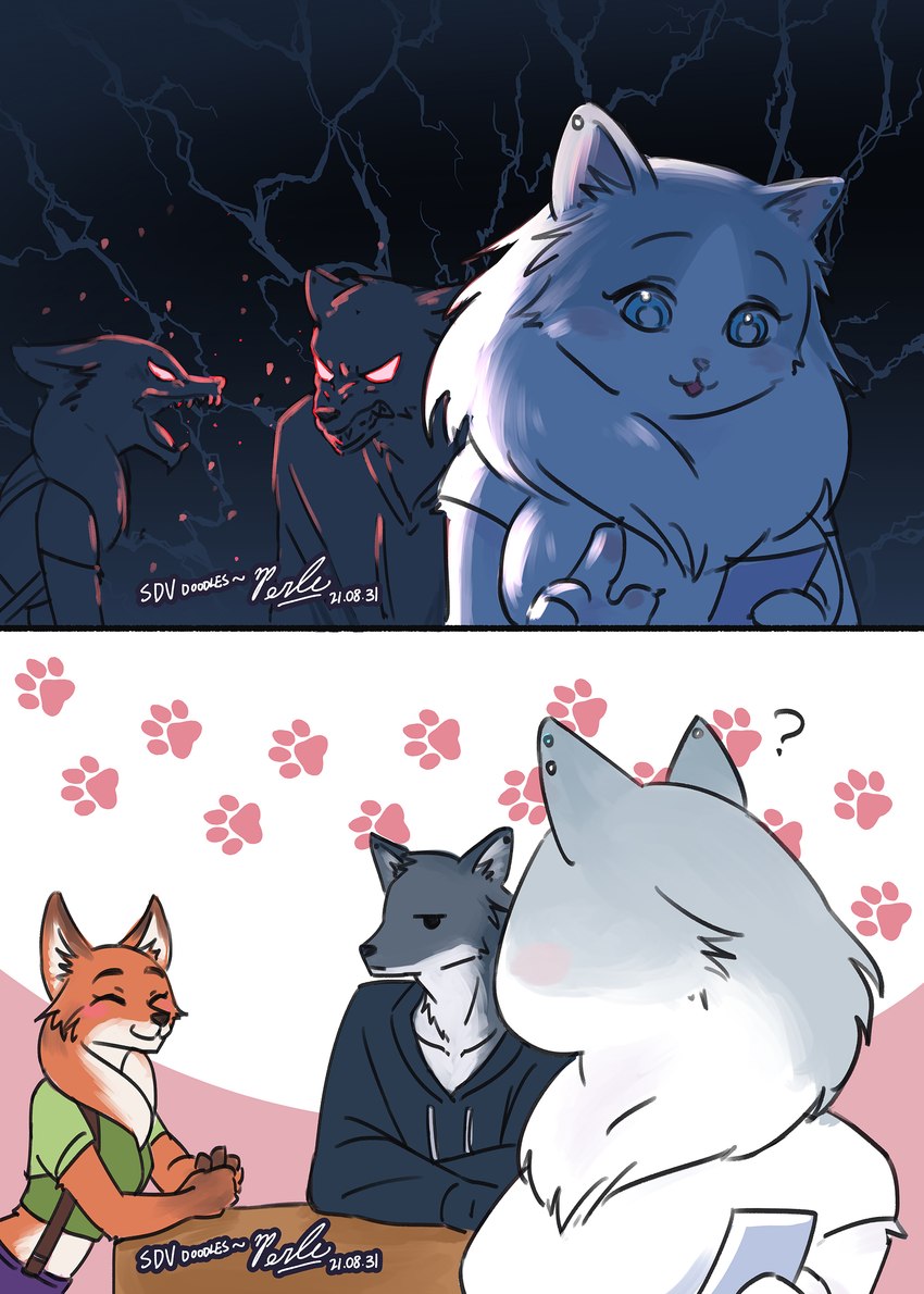 alternate_species angry blue_eyes clothed clothing female fur grey_body grey_fur group male orange_body orange_fur pawpads smile trio white_body white_fur perle_arte stardew_valley leah_(stardew_valley) protagonist_(stardew_valley) sebastian_(stardew_valley) canid canine canis domestic_cat felid feline felis fox mammal ragdoll_cat wolf absurd_res hi_res