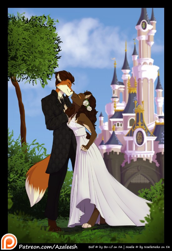 castle clothing cloud dress duo female flower gown husband_and_wife kissing love male married_couple plant romantic romantic_ambiance romantic_couple suit text wedding azaleesh bolf_(bo-lf) noelle_(noelleneko) canid canine felid fox mammal hi_res url