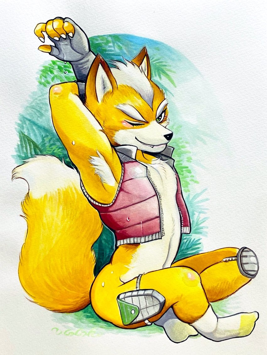 anthro bare_chest blush bottomless clothed clothing footwear fur green_eyes jacket male mostly_nude one_eye_closed orange_body orange_fur socks solo stretching topwear wink ulala_ko nintendo star_fox fox_mccloud canid canine fox mammal hi_res