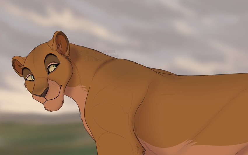 brown_body brown_ears brown_nose cloud female feral grasslands green_eyes grey_cloud looking_back plains savanna simple_background smile solo tawny_fur yellow_sclera conditional_dnp lynxbrush disney mufasa:_the_lion_king the_lion_king eshe_(mufasa:_the_lion_king) felid feline lion mammal pantherine 16:10 hi_res widescreen mother_(lore) parent_(lore)