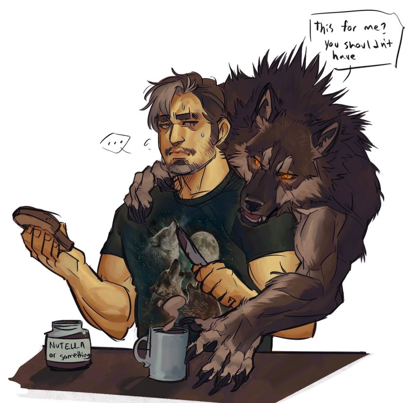 anthro beverage brown_body brown_fur claws clothing coffee dialogue food fur glowing glowing_eyes male muscular muscular_male neck_tuft simple_background stealth text tuft nmvsolidus mythology canid canine canis human mammal mythological_canine mythological_creature werecanid werecanine werecreature werewolf wolf english_text hi_res