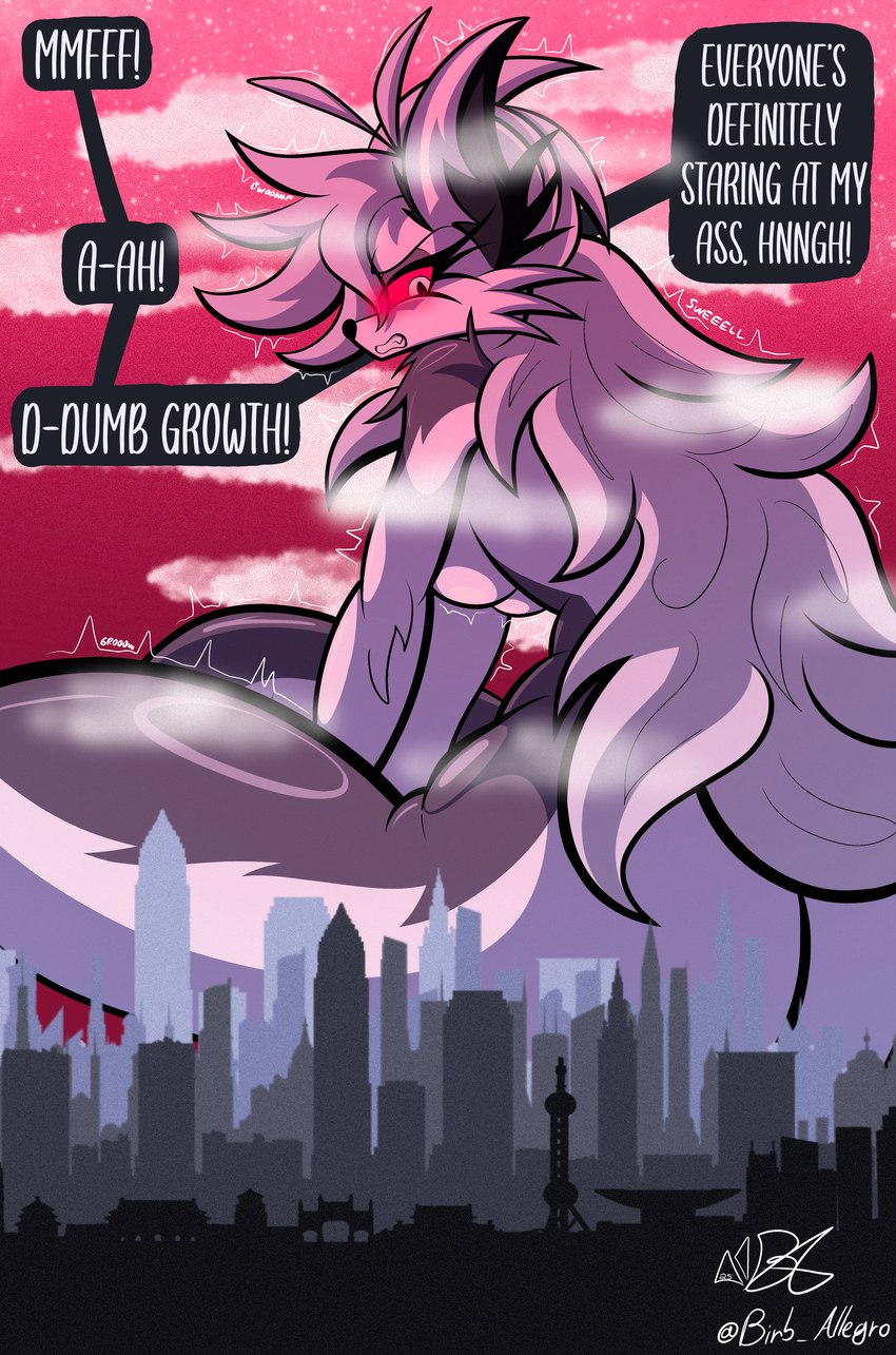 anthro big_butt blush breasts butt city cloud dialogue female glistening glistening_breasts glistening_thighs growing growth growth_lines hair long_hair macro macro_female nude size_transformation sky skyscape solo star terra_macro thick_thighs transformation birb_allegro helluva_boss mythology loona_(helluva_boss) canid canid_demon canine demon hellhound mammal mythological_canine mythological_creature absurd_res hi_res