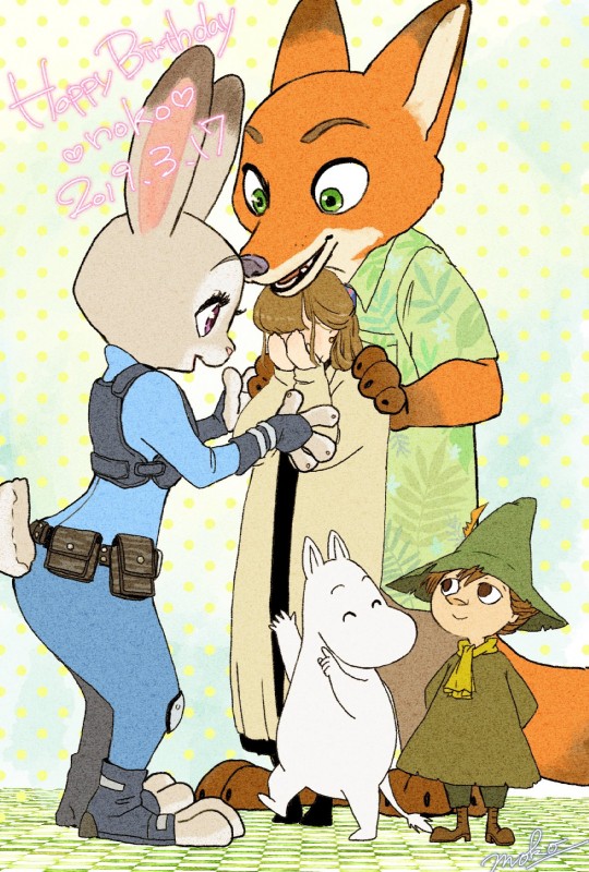 anthro blush clothed clothing duo female food fully_clothed fur green_eyes grey_body grey_fur heart_symbol larger_male long_ears male multicolored_body multicolored_fur orange_body orange_fur pawpsicle police popsicle purple_eyes size_difference smaller_female monmokamoko disney the_moomins zootopia judy_hopps moomintroll nick_wilde snufkin canid canine fox lagomorph leporid mammal rabbit red_fox true_fox hi_res