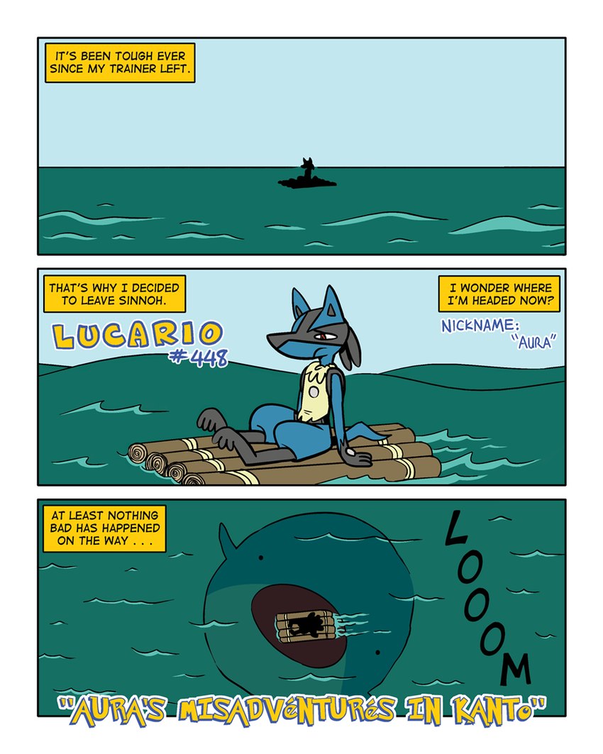 ambiguous_gender anthro feral imminent_vore raft sea text water shyguy9 nintendo pokemon generation_3_pokemon generation_4_pokemon lucario pokemon_(species) wailord 4:5 comic english_text hi_res