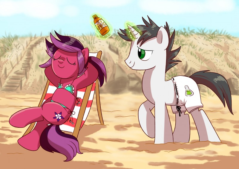 beach bikini bottomwear clothing cutie_mark day detailed_background duo eyelashes eyes_closed female feral fur green_eyes grey_hair hair hooves horn magic male outside pants purple_hair sand seaside sky smile swimwear two-piece_swimsuit white_body white_fur adlynh hasbro my_little_pony mythology fan_character purple_blossom tounicoon equid equine mammal mythological_creature mythological_equine unicorn absurd_res hi_res