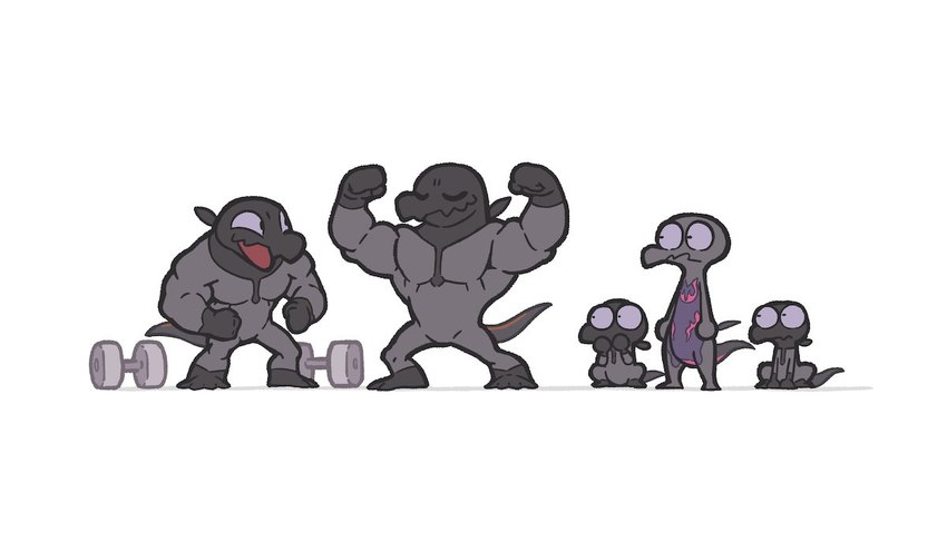 4_toes anthro black_eyes covering covering_mouth covering_own_mouth covering_self dumbbell eyes_closed featureless_chest featureless_crotch feet female feral flexing flexing_bicep flexing_both_biceps flexing_muscles grey_body group looking_at_another male muscular muscular_male nude o_o pecs purple_sclera simple_background sitting standing toes weights white_background wide_eyed sqshiiijelly nintendo pokemon generation_7_pokemon pokemon_(species) salandit salazzle scalie