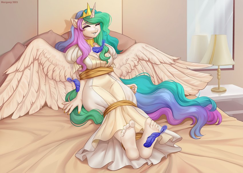 5_fingers 5_toes anthro barefoot bdsm bondage bound clothed clothing eyebrows eyes_closed feathered_wings feathers feet female fingers horn humanoid_feet inside plantigrade solo tickling toes wings margony friendship_is_magic hasbro my_little_pony mythology princess_celestia_(mlp) equid equine mammal mythological_creature mythological_equine winged_unicorn 2021 digital_media_(artwork)